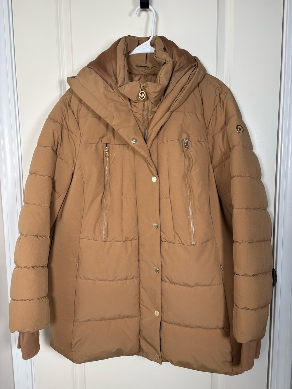 Michael Kors Tan Quilted Down Puffer Coat with Gold Accents